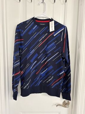 Tommy Hilfiger Navy Crewneck Sweater with Blue and Red Dash Pattern